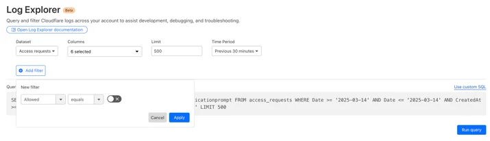 A query in Log Explorer, selecting 6 columns of the Access requests dataset, filtering on the Allowed field