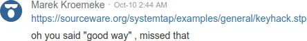 Screenshot of chat log with Marek Kroemeke. He links to keyhack.stp, then comments: "oh, you said 'good way', missed that."