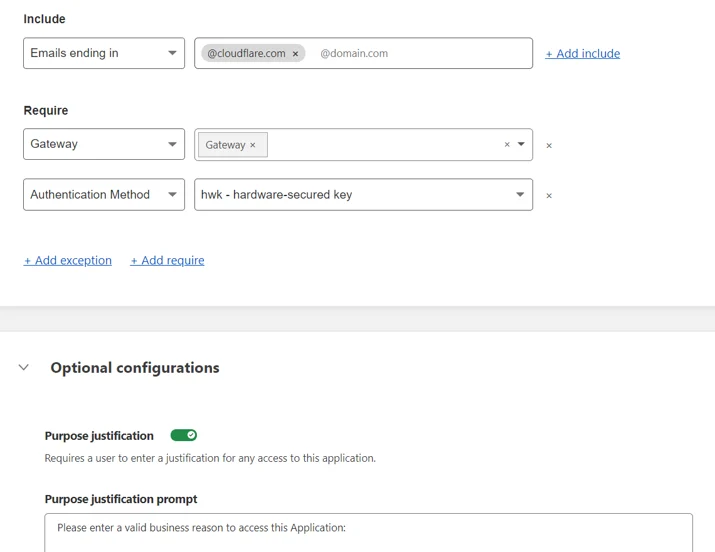 Purpose justification is configurable as an Access policy, allowing for maximum flexibility in configuring and layering rules to protect sensitive applications.