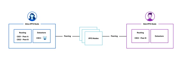Alice and Bob are part of the IPFS network, peering via multiple hops on the IPFS network. They don’t have each other in their peering table.