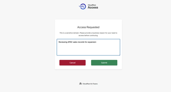 The purpose justification prompt appears upon login, asking users to specify their use case before hitting submit and proceeding.