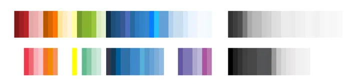 Above - our product palette. Below - our marketing palette aligned by hue