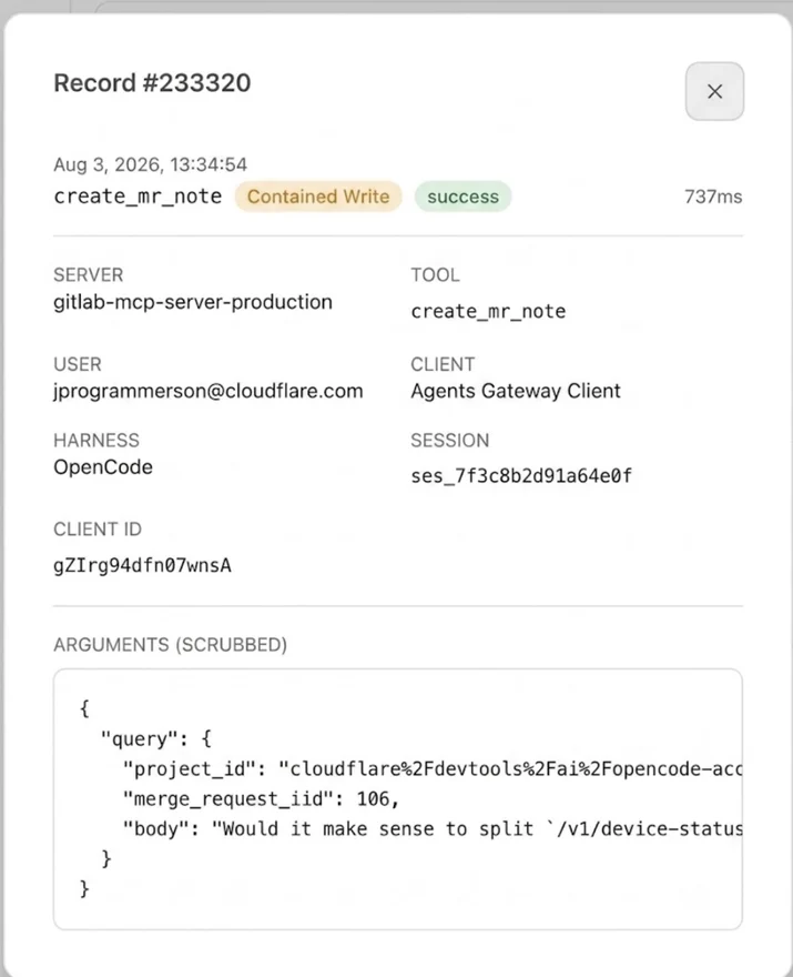 Audit log example from the GitLab create_mr_note tool.