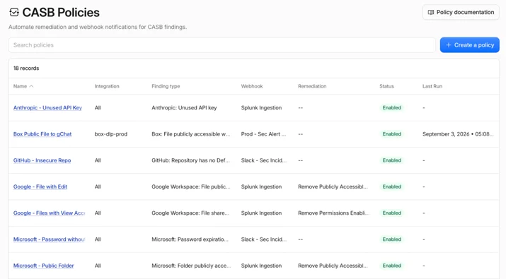 View of the main CASB Policies page. From this view, policies can be created, updated, and deleted.